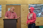Art in the Library Exhibition Spring 2018, Roger Weaver at podium, with Erika Simple
